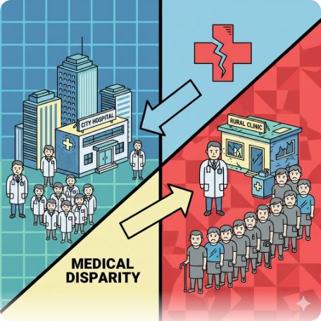 이곳에 관련 이미지 삽입: 지역 의사제 관련 뉴스 헤드라인이나 의료 불균형을 상징하는 인포그래픽