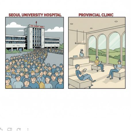 이곳에 관련 이미지 삽입: 서울 대형 병원 앞 대기 행렬과 한산한 지방 병원 로비를 대비시킨 이미지