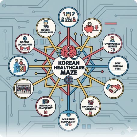 이곳에 관련 이미지 삽입: 복잡하게 얽힌 한국 의료 시스템의 문제점을 시각화한 마인드맵