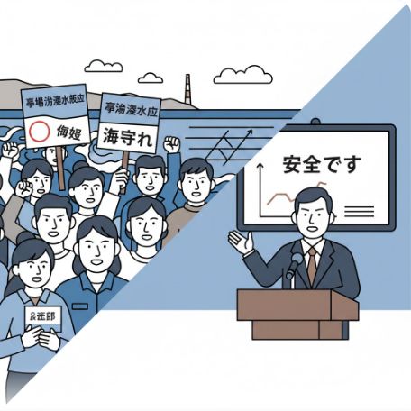 이곳에 관련 이미지 삽입: 후쿠시마 오염수 방류 반대 시위 장면과 현재 정부 인사의 발표 장면을 대비시킨 합성 이미지