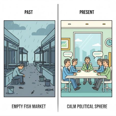 이곳에 관련 이미지 삽입: 과거 텅 빈 수산시장 모습과 현재 평온한 정치권의 대조적인 모습