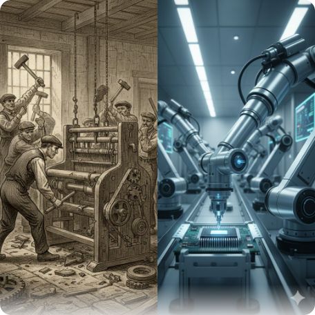 이곳에 관련 이미지 삽입: 19세기 러다이트 운동 삽화와 현대 공장의 로봇 팔 비교 이미지
