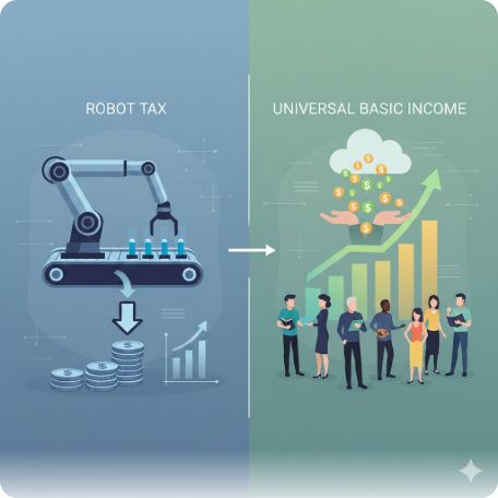 이곳에 관련 이미지 삽입: '로봇세' 또는 '기본소득' 개념을 설명하는 인포그래픽