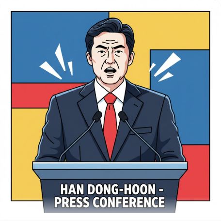 이곳에 관련 이미지 삽입: 한동훈 전 대표가 기자회견을 하며 발언하는 비장한 모습의 사진