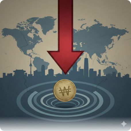 이곳에 관련 이미지 삽입: 한국 경제의 대외 신인도 하락을 상징하는 하락 화살표 이미지