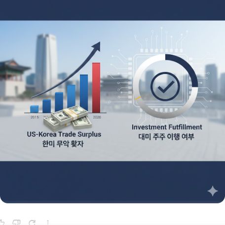 이곳에 관련 이미지 삽입: 한미 무역 흑자 그래프 또는 대미 투자 이행 여부를 비교하는 인포그래픽