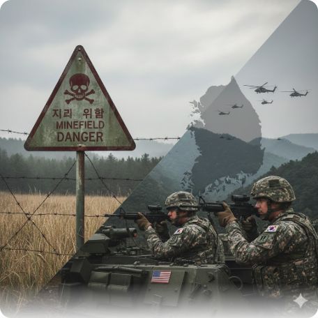 이곳에 관련 이미지 삽입: DMZ 내 지뢰 매설 지역 경고 표지판 또는 한미 연합 훈련 모습
