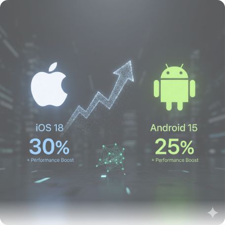 이곳에 관련 이미지 삽입: iOS와 Android 최신 버전 로고와 함께 성능 개선 수치를 나타내는 인포그래픽