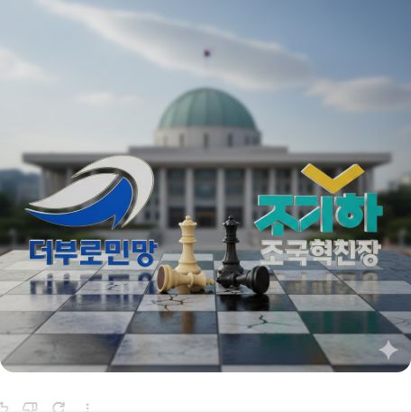 이곳에 관련 이미지 삽입: 민주당과 조국혁신당의 로고가 나란히 놓여 있거나 권력 투쟁을 상징하는 체스판 이미지
