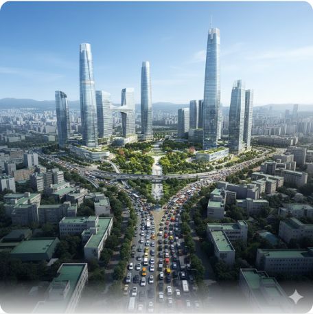 이곳에 관련 이미지 삽입: 용산 국제업무지구 조감도 또는 좁은 진입로로 인한 교통 정체 사진