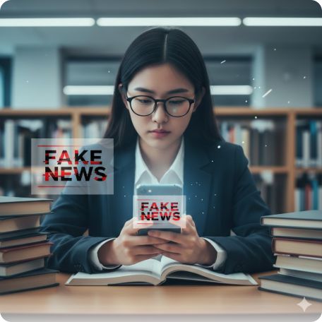 이곳에 관련 이미지 삽입: 'FAKE NEWS' 글자와 함께 스마트폰을 보는 학생의 이미지 또는 대비되는 정치적 슬로건들