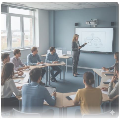 이곳에 관련 이미지 삽입: 교실에서 투표 교육을 받는 학생들과 강사의 모습 또는 교육 계획 도표