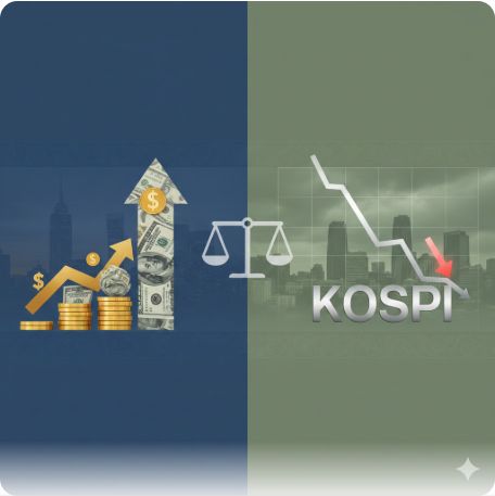 이곳에 관련 이미지 삽입: 달러 화폐와 한국 코스피 지수 그래프가 대비되는 이미지