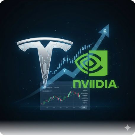 이곳에 관련 이미지 삽입: 테슬라(Tesla)와 엔비디아(NVIDIA) 로고, 그리고 주식 거래 앱 화면 이미지