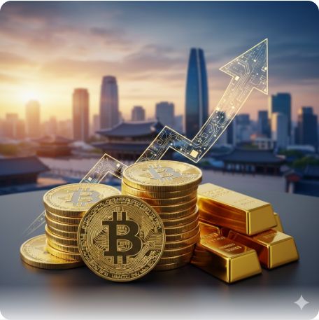 이곳에 관련 이미지 삽입: 비트코인 금화와 황금 골드바가 놓여 있는 이미지