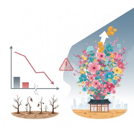이곳에 관련 이미지 삽입: 자영업 폐업률 그래프와 대비되는 무분별한 창업 지원의 위험성을 경고하는 삽화