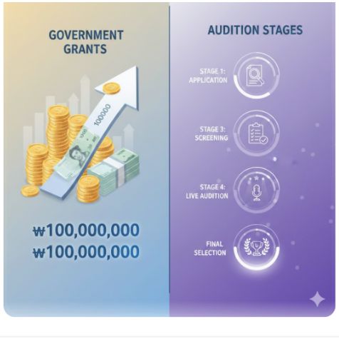 이곳에 관련 이미지 삽입: 정부 지원금 혜택(1억, 10억 등)과 오디션 진행 단계를 보여주는 인포그래픽