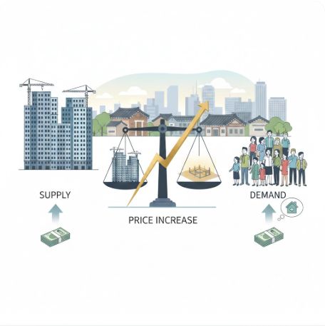 이곳에 관련 이미지 삽입: 아파트 건설 현장 혹은 부동산 시장의 수요·공급 원리를 설명하는 삽화