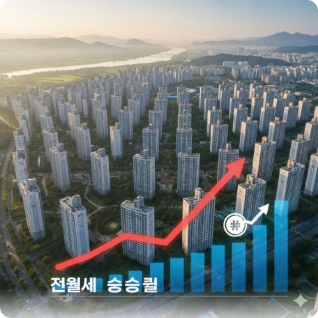 이곳에 관련 이미지 삽입: 서울 아파트 단지 전경과 전월세 상승률을 나타내는 그래프 도표