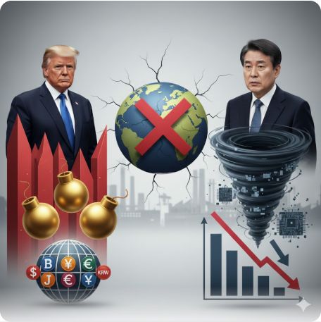 이곳에 관련 이미지 삽입: 트럼프 대통령과 이재명 대통령의 대조적인 모습 또는 관세 폭탄과 경제 위기를 형상화한 인포그래픽