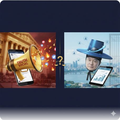 이곳에 관련 이미지 삽입: 트럼프 전 대통령과 이재명 대통령의 SNS 소통 방식을 비교한 이미지