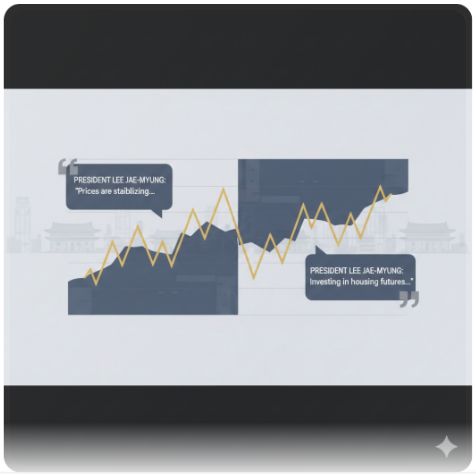 이곳에 관련 이미지 삽입: 부동산 가격 그래프와 이재명 대통령의 발언을 대비시킨 인포그래픽