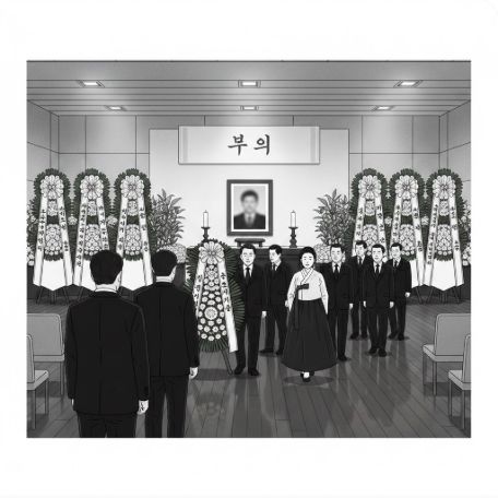 이곳에 관련 이미지 삽입: 장례식장 풍경 혹은 정치인의 조문 행렬을 묘사하는 삽화