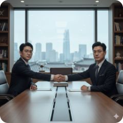 이곳에 관련 이미지 삽입: 로펌 사무실에서 악수를 나누는 정장 차림의 사람들 또는 정부 부처 로고와 로펌이 연결된 인포그래픽