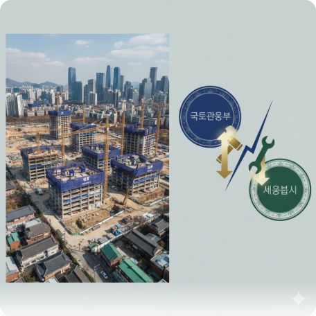 이곳에 관련 이미지 삽입: 서울 시내 재개발/재건축 현장 또는 국토교통부와 서울시의 대립을 상징하는 삽화