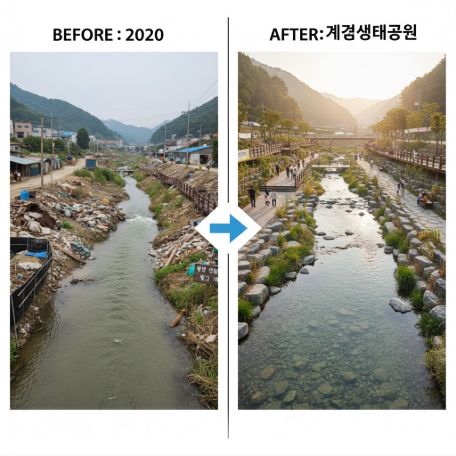 이곳에 관련 이미지 삽입: 과거 경기도 계곡 정비 전후 비교 사진 또는 정책 메시지를 담은 SNS 캡처 화면