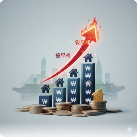 이곳에 관련 이미지 삽입: 부동산 세금(종부세, 양도세) 관련 인포그래픽 또는 상승하는 세금 그래프