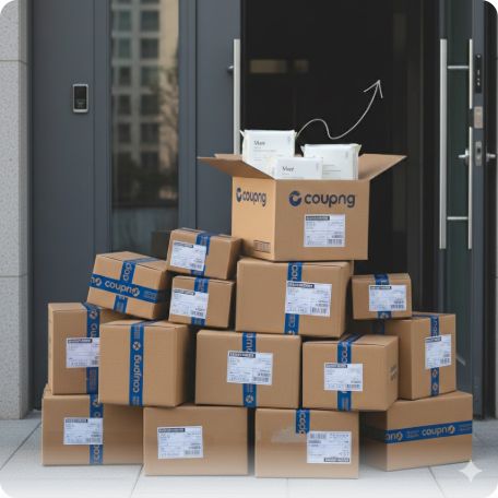 이곳에 관련 이미지 삽입: 품절된 쿠팡 99원 생리대 상세 페이지 이미지 또는 집 앞에 쌓인 쿠팡 택배 박스 사진