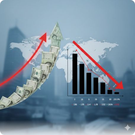 이곳에 관련 이미지 삽입: 환율 상승과 주가 하락을 상징하는 하락 곡선 그래프 이미지