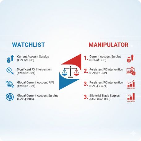 이곳에 관련 이미지 삽입: 환율 관찰대상국과 조작국 기준을 비교한 간단한 인포그래픽 도표