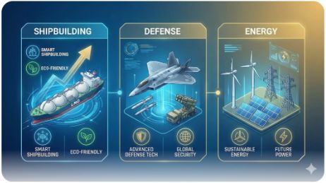 이곳에 관련 이미지 삽입: 조선, 방산, 에너지 등 섹터별 유망 업종을 요약한 인포그래픽