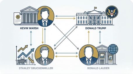 이곳에 관련 이미지 삽입: 케빈 워시-드라켄밀러-트럼프-로널드 로더로 이어지는 인물 관계도