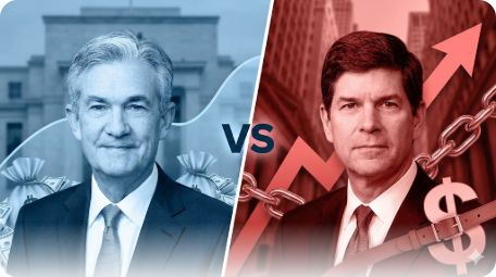 이곳에 관련 이미지 삽입: 제롬 파월과 케빈 워시의 상반된 이미지를 비교하는 카드 뉴스 형태의 이미지