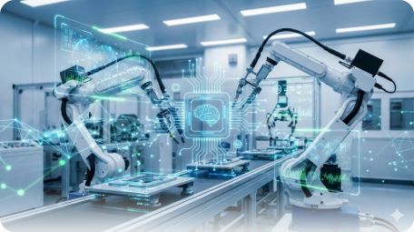 이곳에 관련 이미지 삽입: 스마트 팩토리에서 일하는 로봇 팔과 AI 기술이 결합된 미래 산업 현장 이미지