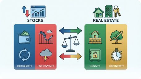 이곳에 관련 이미지 삽입: 주식 투자와 부동산 투자의 특징을 비교한 인포그래픽 도표
