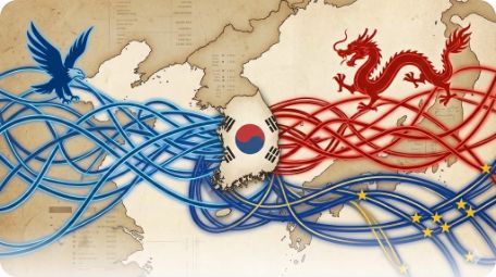 이곳에 관련 이미지 삽입: 한국을 중심으로 미국, 중국, 유럽의 갈등 관계를 보여주는 외교 지도