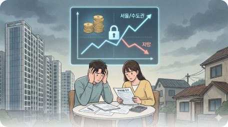이곳에 관련 이미지 삽입: 대출 규제로 고민하는 신혼부부의 모습 또는 부동산 시장의 양극화를 보여주는 도표