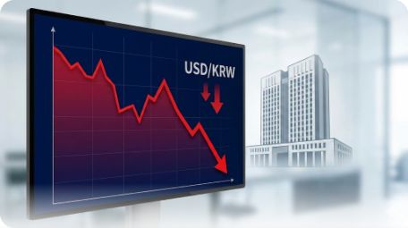 이곳에 관련 이미지 삽입: 한국은행 본관 전경 또는 하락 곡선을 그리는 외환보유고 통계 그래프