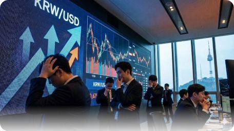 이곳에 관련 이미지 삽입: 원/달러 환율 전광판 앞에서 고민하는 트레이더들의 모습