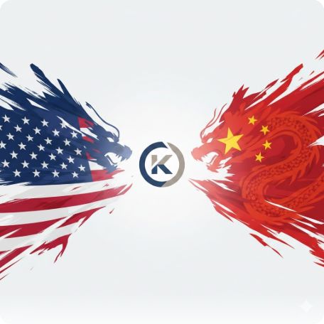 이곳에 관련 이미지 삽입: 미국과 중국 국기 사이에 낀 한국 기업 로고 또는 미중 패권 경쟁을 상징하는 삽화