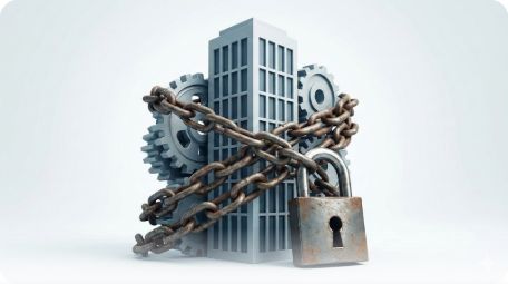 이곳에 관련 이미지 삽입: '규제'라는 쇠사슬에 묶인 기업을 형상화한 이미지 또는 정부-기업 관계를 보여주는 도표