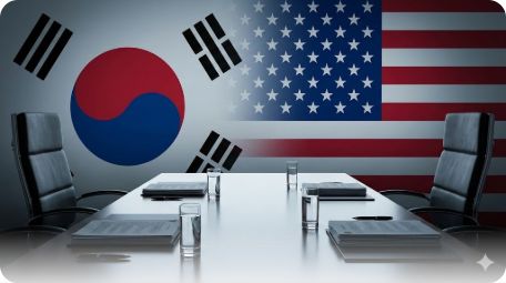이곳에 관련 이미지 삽입: 한미 국기 배경과 함께 긴박한 협상 분위기를 상징하는 대표 이미지