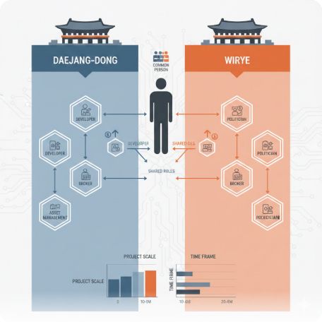 이곳에 관련 이미지 삽입: 대장동과 위례 사건의 공통 인물 및 구조를 비교하는 인포그래픽