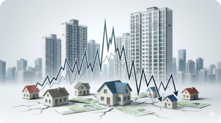 이곳에 관련 이미지 삽입: 부동산 시장의 혼란스러운 상황이나 집값 변동 그래프를 상징하는 대표 이미지