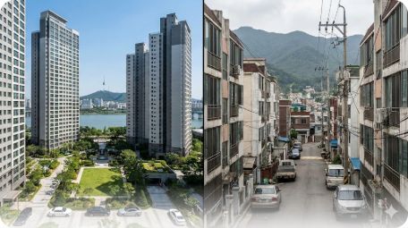 이곳에 관련 이미지 삽입: 서울 고가 아파트와 지방 저가 빌라를 대비시켜 보여주는 이미지