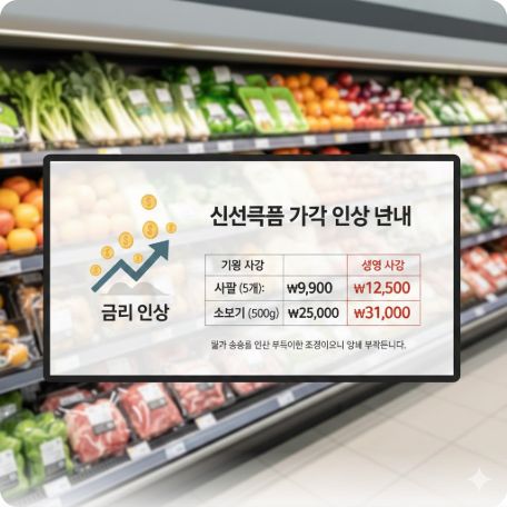 이곳에 관련 이미지 삽입: 마트 신선식품 코너의 가격표 또는 외식 메뉴판의 가격 인상 안내문